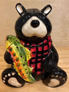 Vintage Black Bear Cookie Jar w/Fish & Plaid Jacket By Holiday Time Christmas
